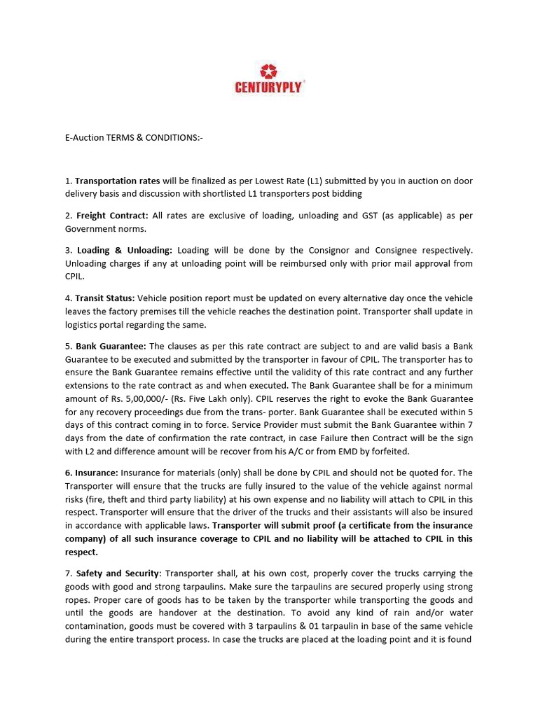 E Auction Terms and Conditions | PDF | Truck | Insurance