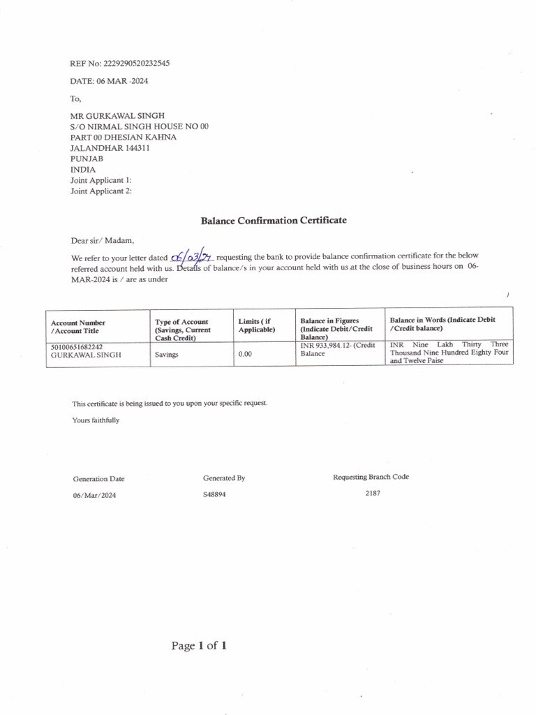 Balance Certificate | PDF