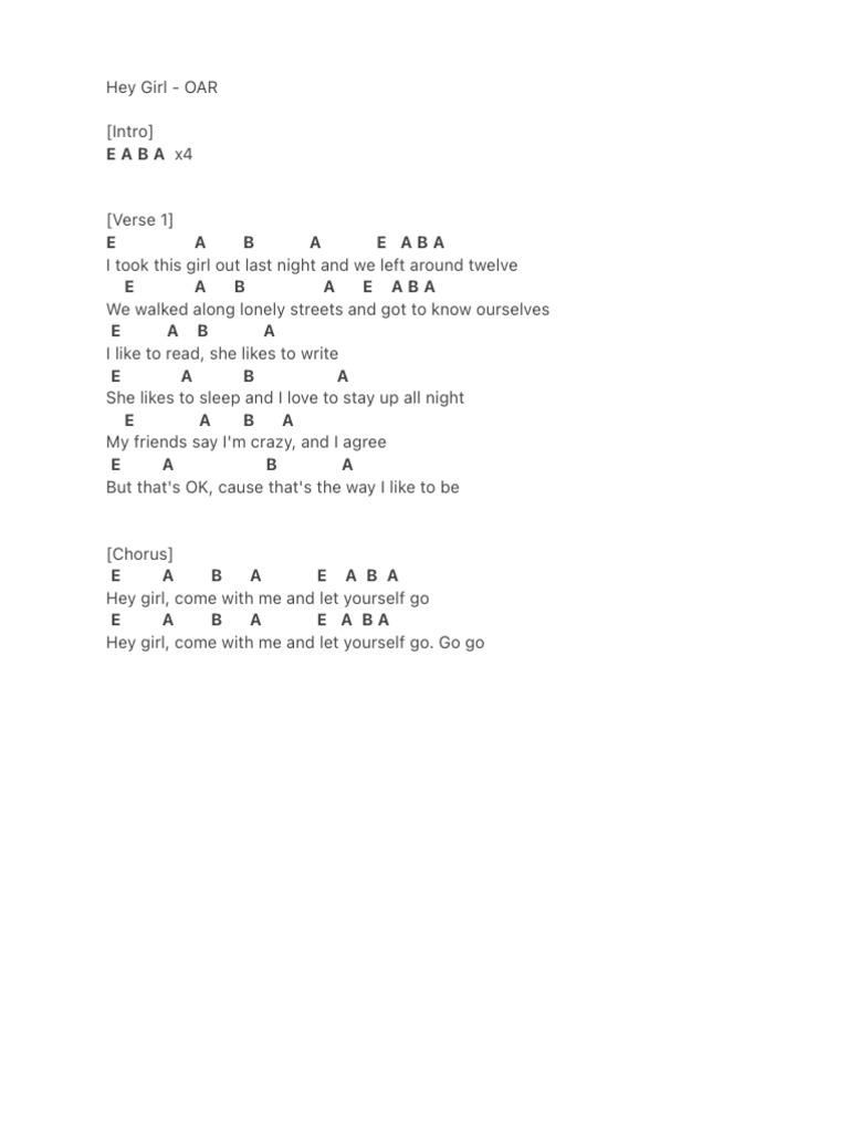 Hey Girl - OAR Lyrics and Chords | PDF | Poetry | Art