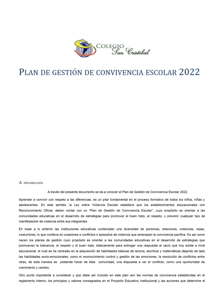 Plan de Convivencia Escolar 2022 | PDF