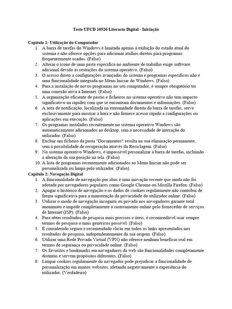 Teste UFCD 10526 Literacia Digital - Iniciação | PDF | Privacidade na ...