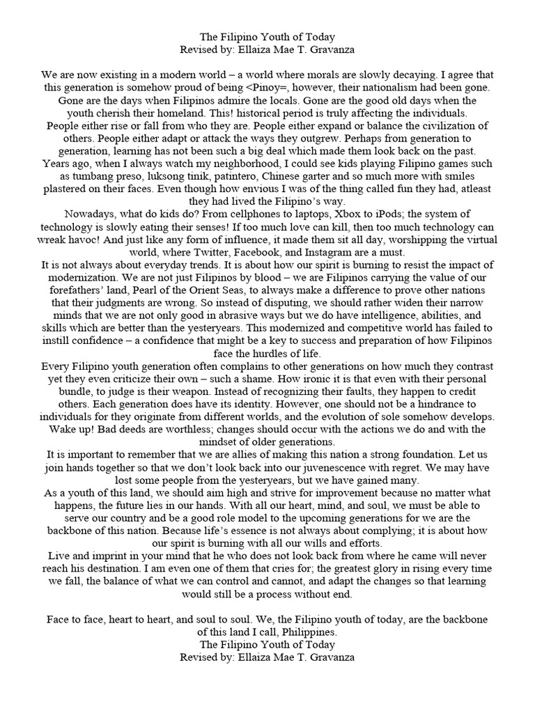 Filipino Youth: Embracing Heritage | PDF | Social Science | Wellness