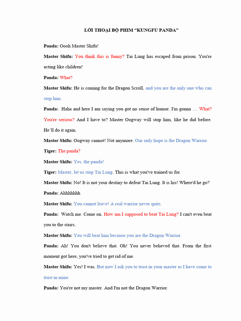Kung Fu Panda Script Excerpt | PDF