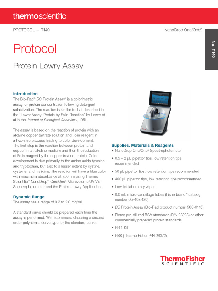 T140 Nanodrop One Onec Protocol Protein Lowry Assay | PDF ...