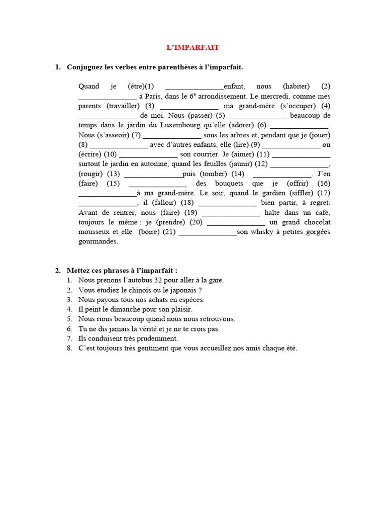 Exercices de Conjugaison à l'Imparfait et Plus-que-parfait | PDF
