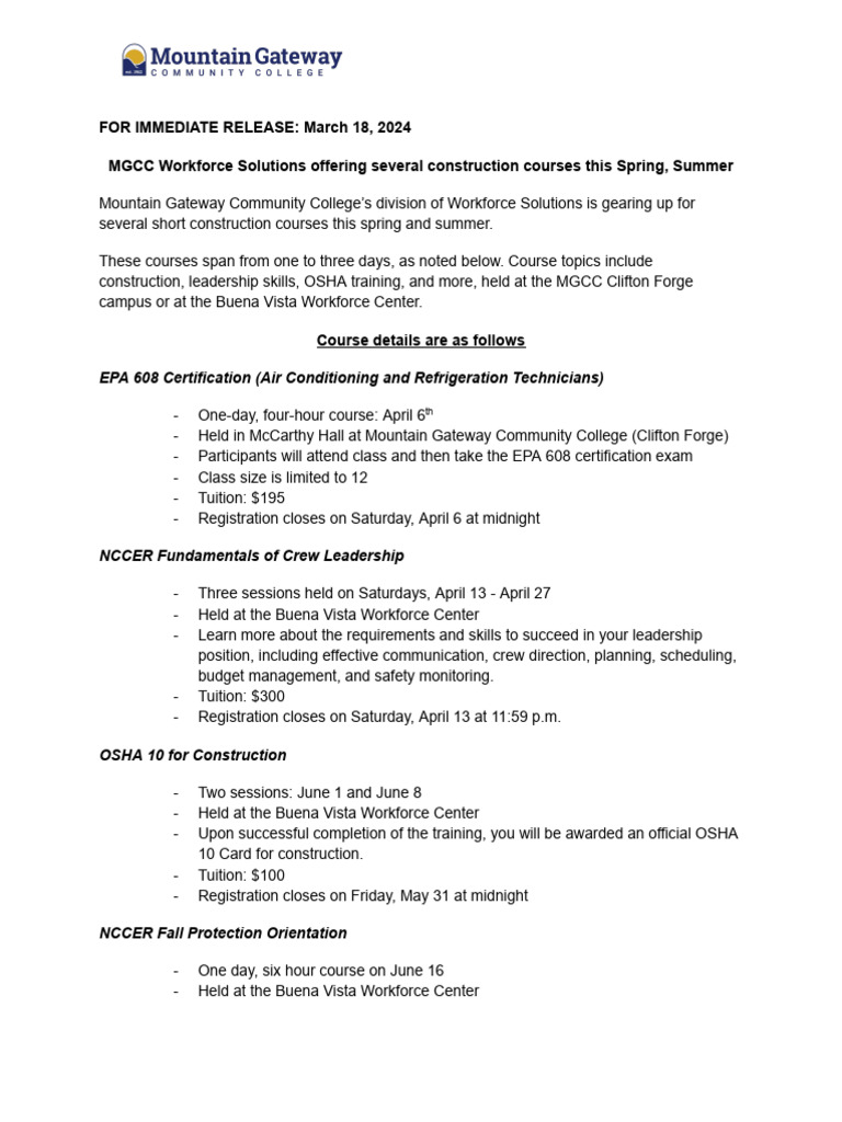 MGCC Workforce Programs - Spring - Summer 2024 | PDF | Occupational ...