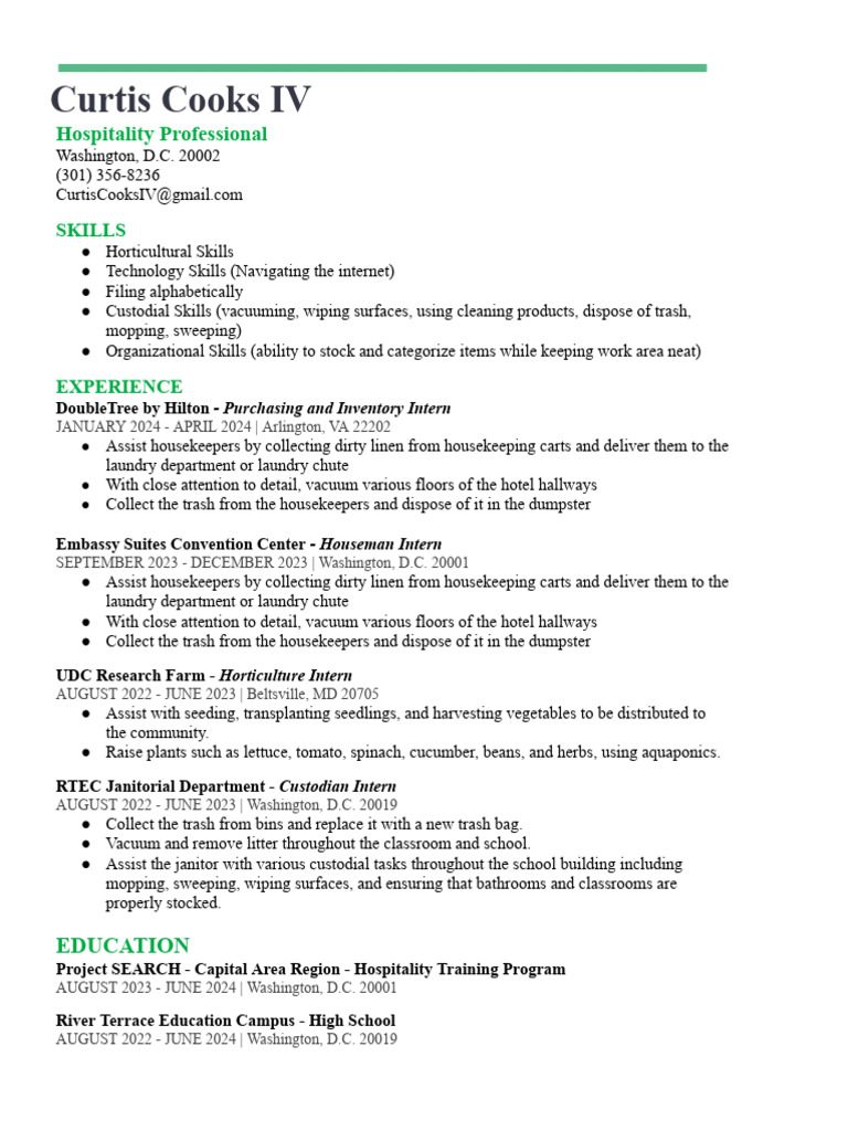 Curtis Cooks IV: Hospitality Intern Resume | PDF | Housekeeping ...