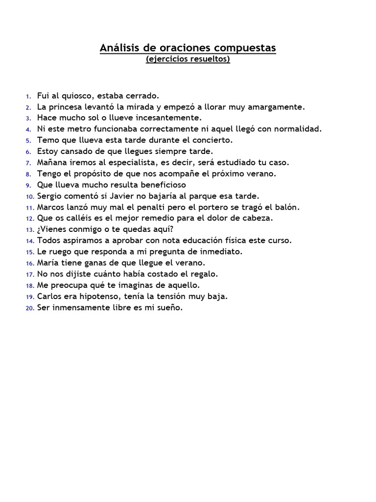Análisis de Oraciones Compuestas: Ejercicios | PDF | Lingüística ...