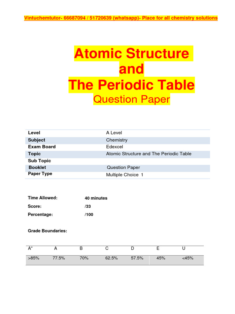Atomic Structure and The Periodic Table Question Paper PDF Schools