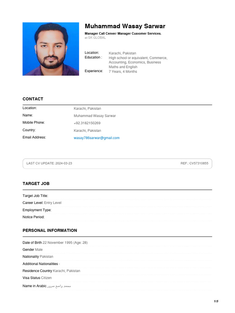 Muhammad Wasay Sarwar's CV Summary | PDF | Business