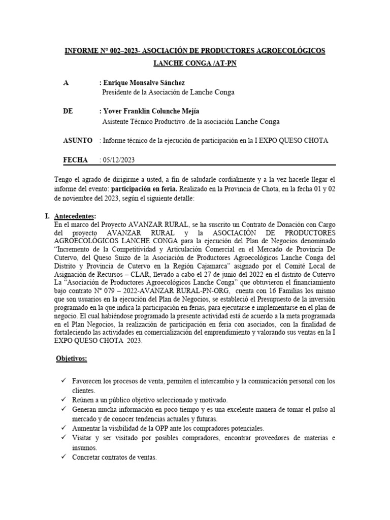 Informe de Participacion en Ferias Lanche Conga 2023 | PDF | Queso