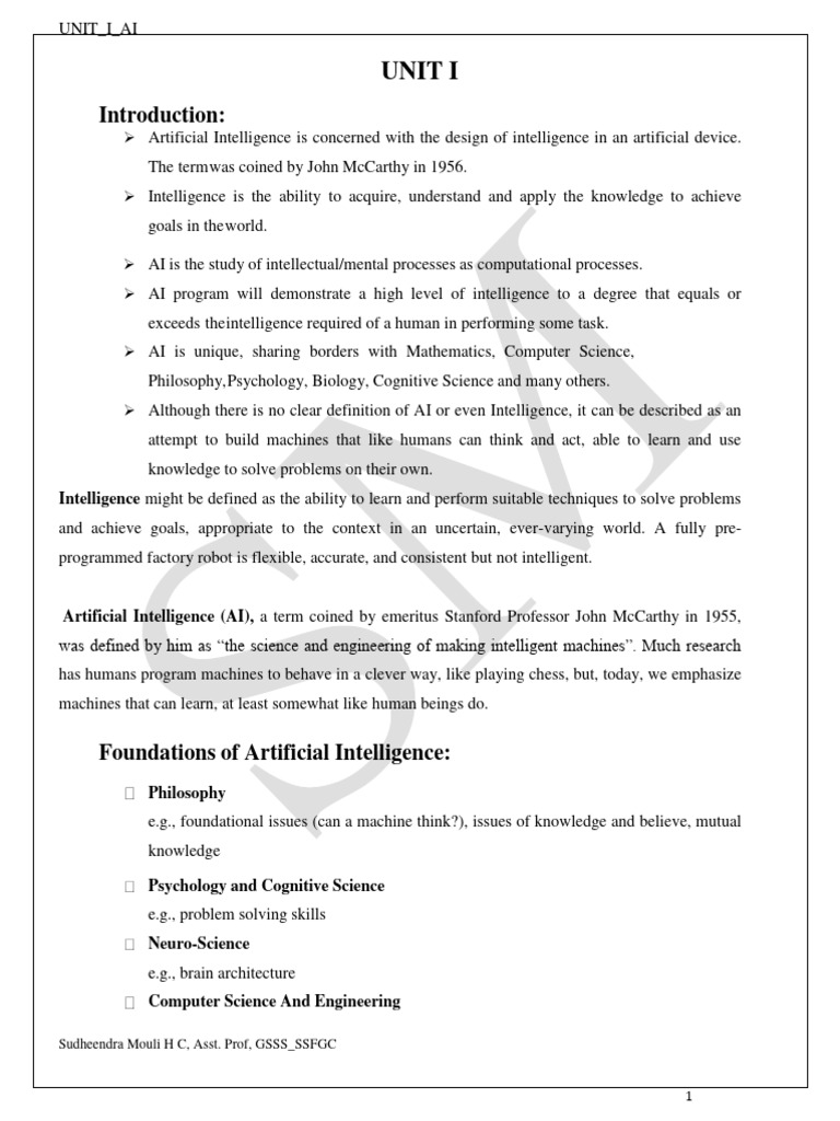 Unit i ai notes pdf artificial intelligence intelligence ai