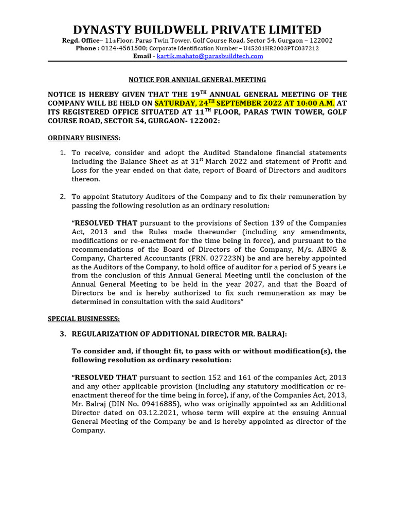 AGM Notice for Shareholders | PDF | Finance & Money Management