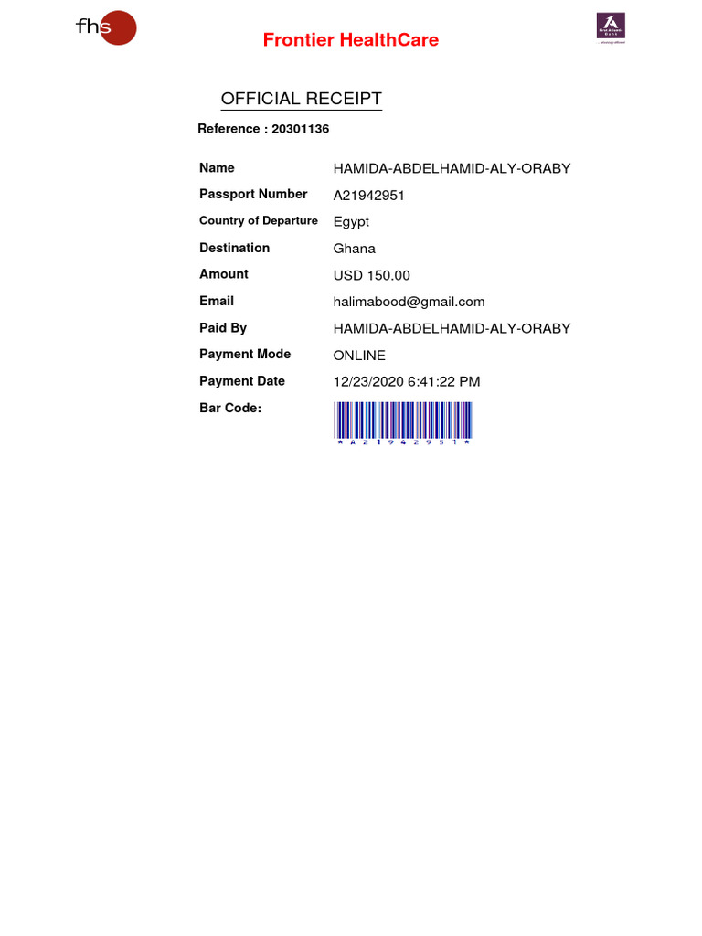 Frontier HealthCare Payment Receipt | PDF