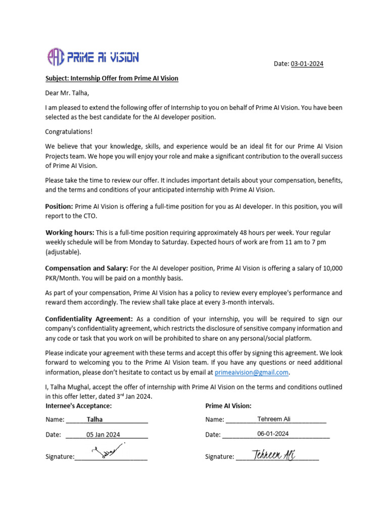 Offer Letter-Primeaivision (Signed) | PDF | Salary | Internship