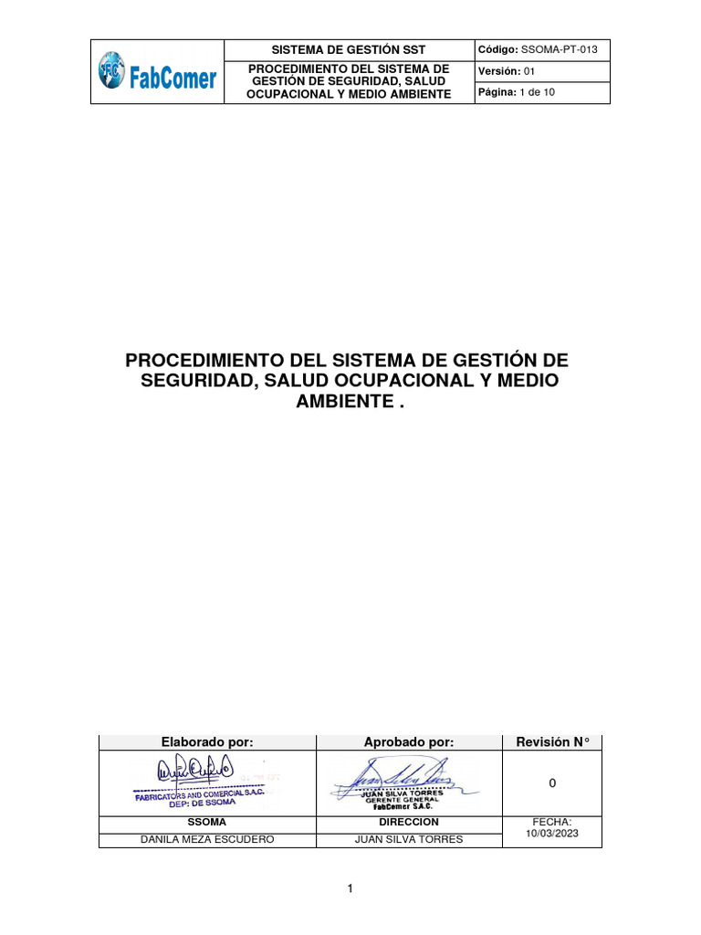 Procedimiento SSOMA en Fabcomer | PDF | Seguridad y salud ocupacional ...