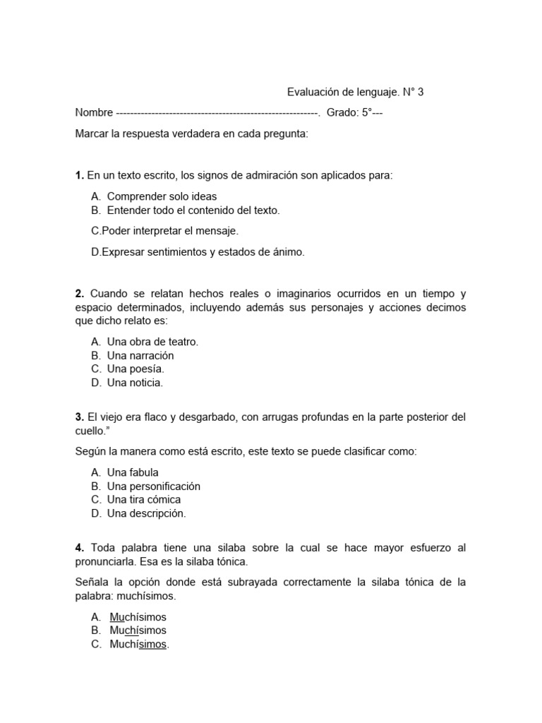Evaluación de Lenguaje Quinto Grado | PDF | Voz humana | Fonética