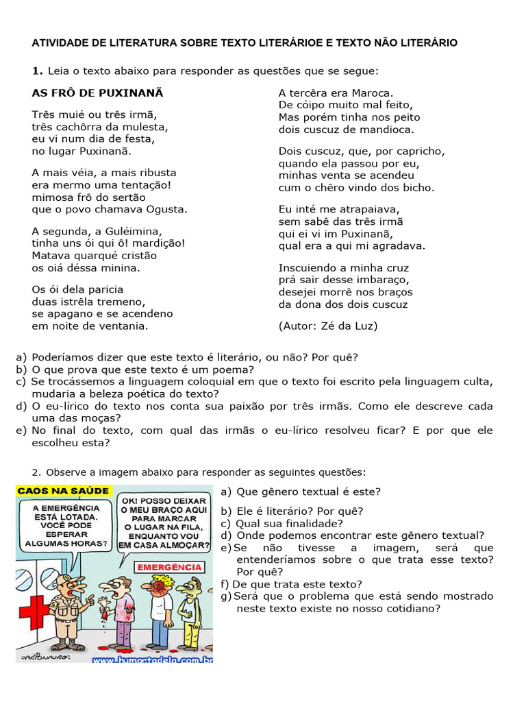 Atividade de Literatura Sobre Texto Literárioe e Texto Não Literário ...