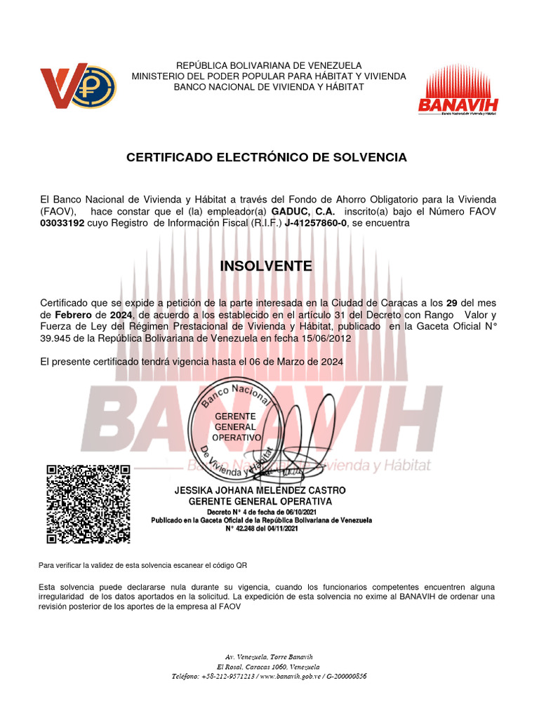 Certificado de Solvencia Banavih 2024 | PDF
