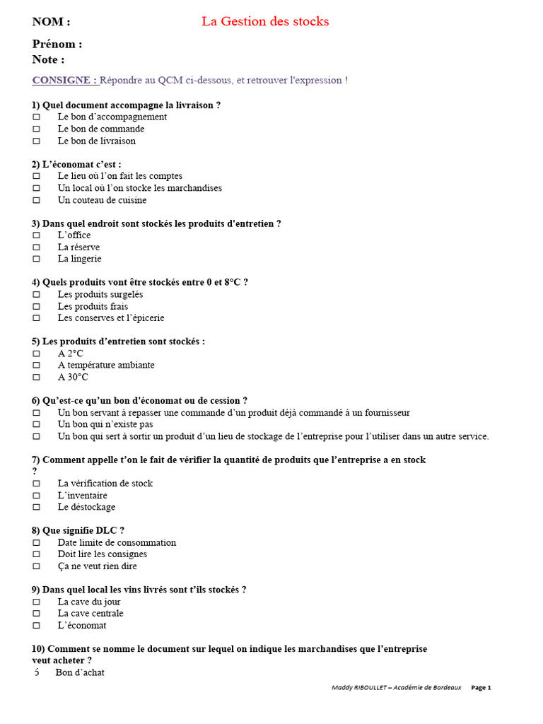 Questionnaire sur la gestion des stocks | PDF | Finance et gestion ...