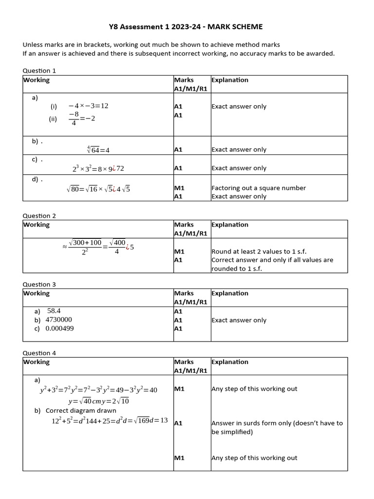 Y8 Assessment 1 Mark Scheme 2023-24 | PDF | Abstract Algebra ...