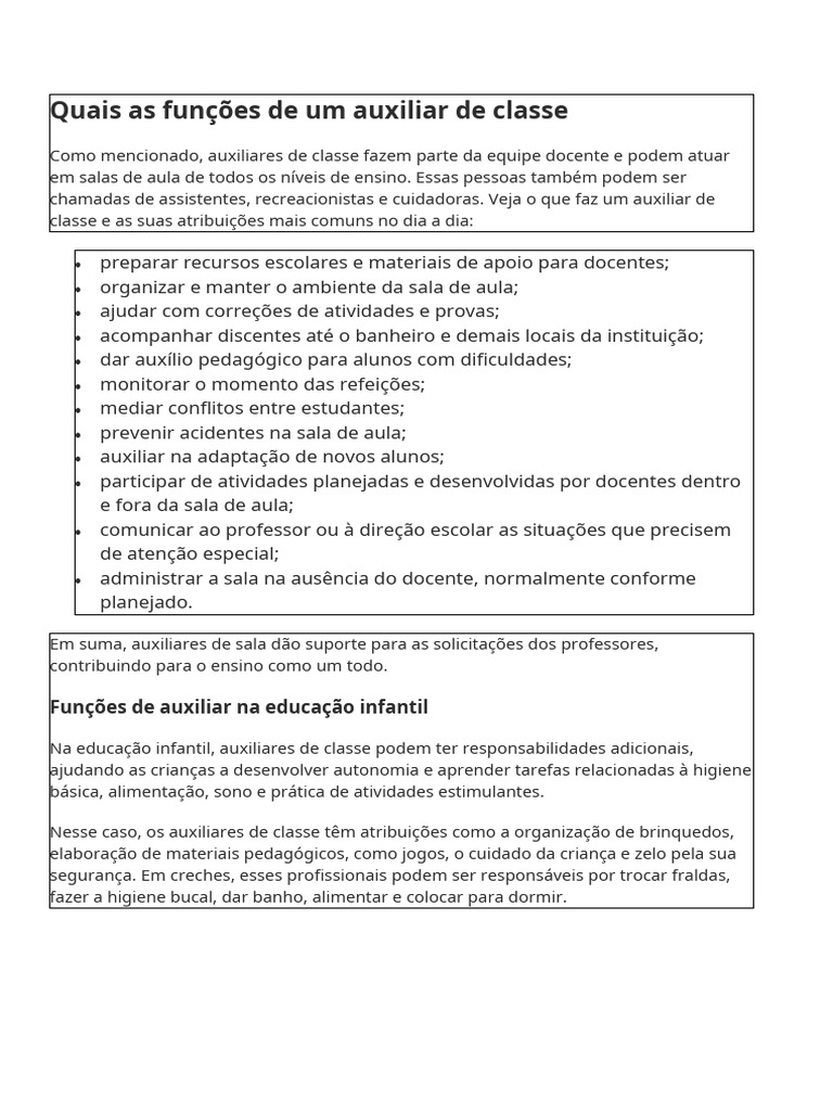 Funções do Auxiliar de Classe | PDF | Pedagogia | Pré-escola