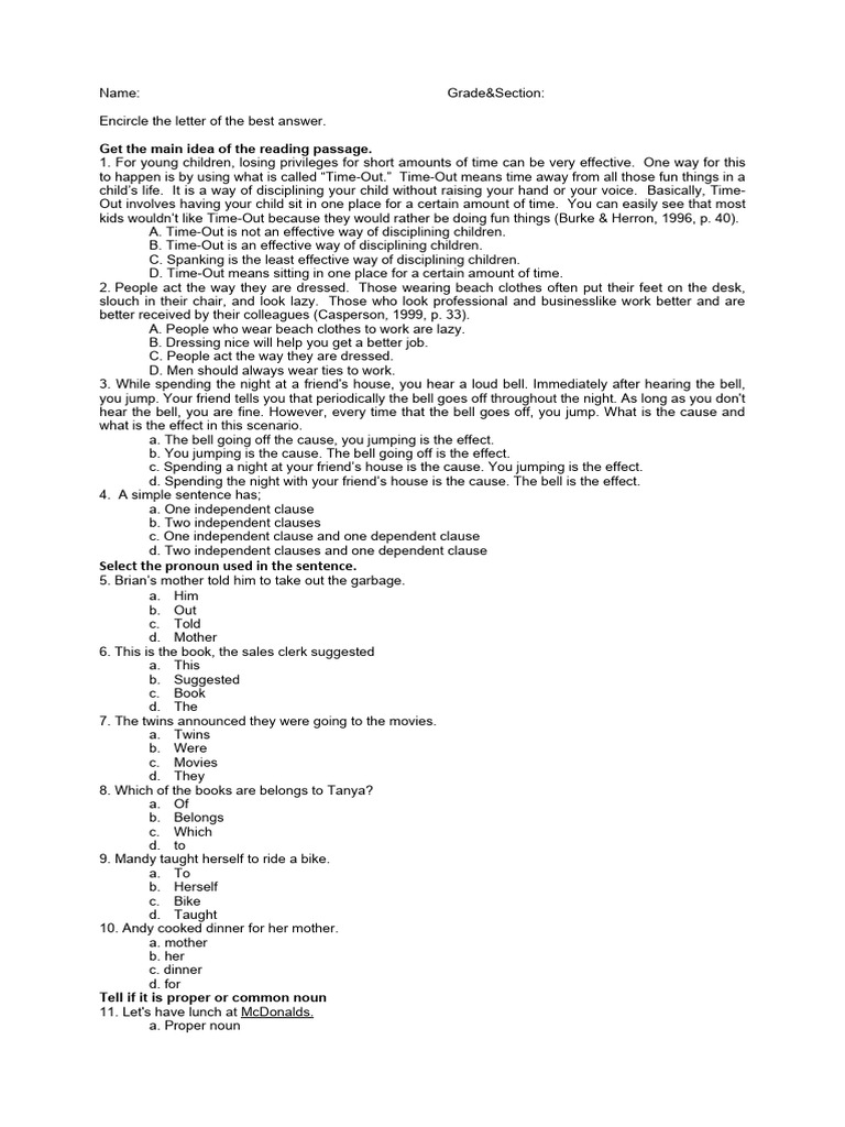 Pre Test Grade 7 Pdf Syntax Linguistics