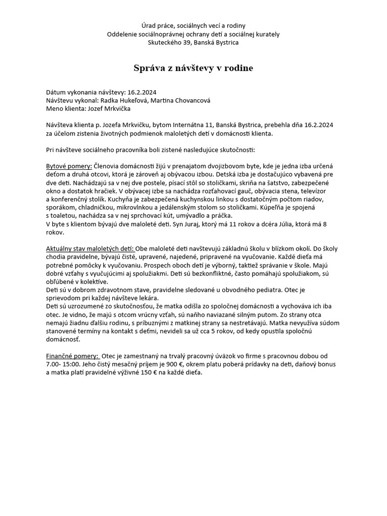 Správa Z Návštevy V Rodine | PDF