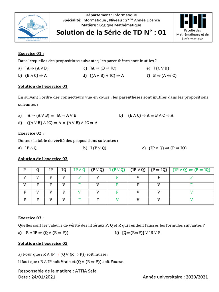 Solutions Logique Mathématique TD01 | PDF | Logique mathématique ...