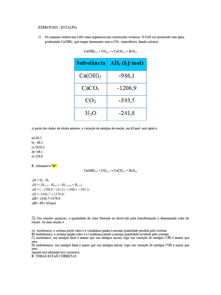 Exercicios de Entalpia | PDF | Combustão | Entalpia