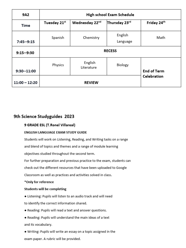 9th Grade Exam Study Guides 2023 | PDF | English As A Second Or Foreign ...