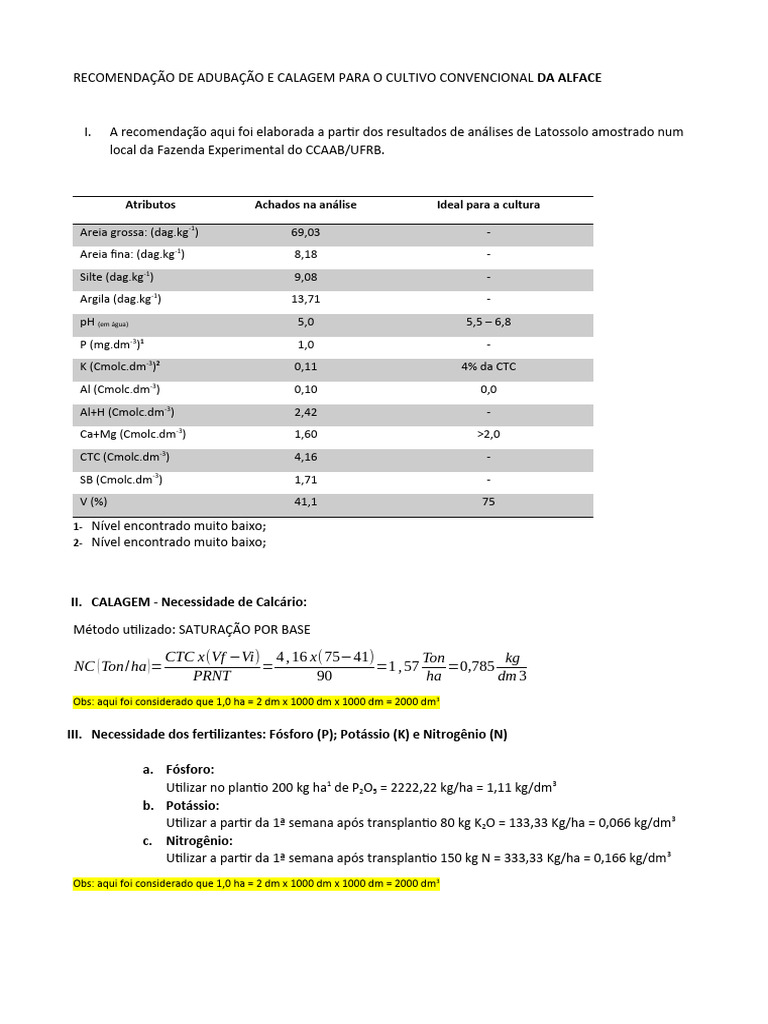 Recomendação de Adubação e Calagem para o Cultivo Convencional Da ...
