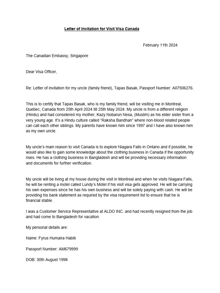 Canadian Invitation Letter PDF