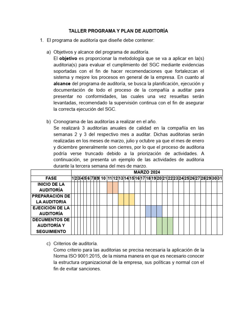 Programa y Plan de Auditoría ISO 9001 | PDF
