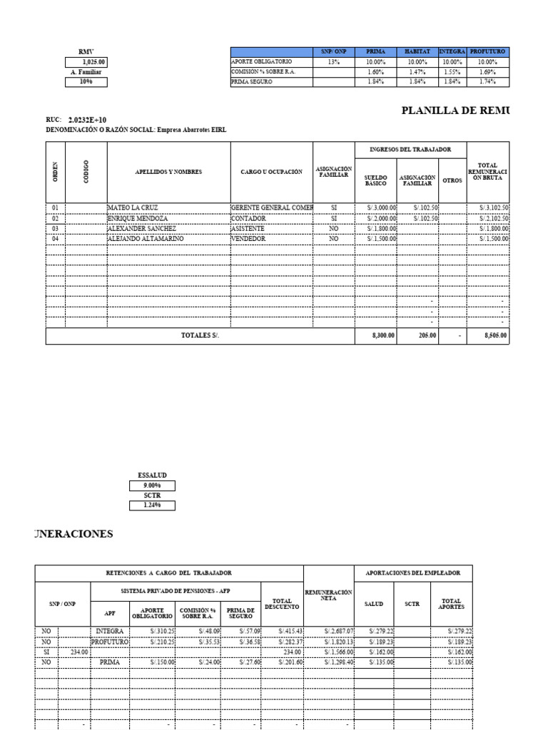 Modelo Formato Planilla De Remuneraciones Con Asiento Contable Pdf