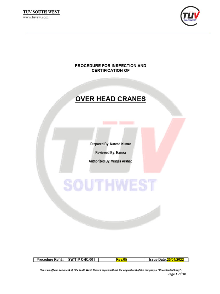 Overhead Crane Inspection Procedure | PDF | Crane (Machine) | Rope