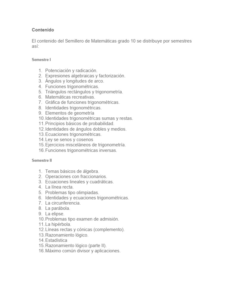 Contenido MATEMATICA 10 | PDF | Métodos y materiales de enseñanza
