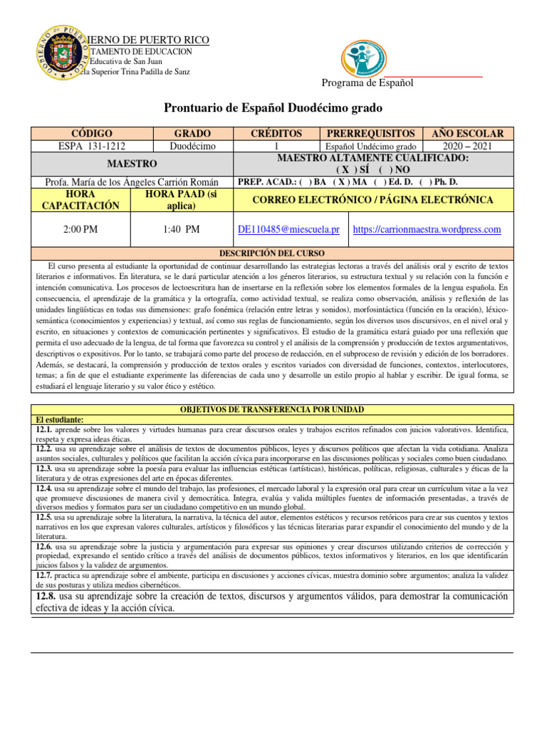 Prontuario de Español Duodécimo Grado | PDF | Aprendizaje | Retórica