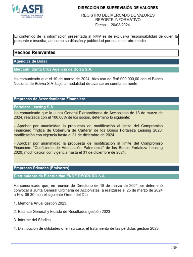Reporte Informativo ASFI Al 20-03-2024 | PDF | Sociedad de ...