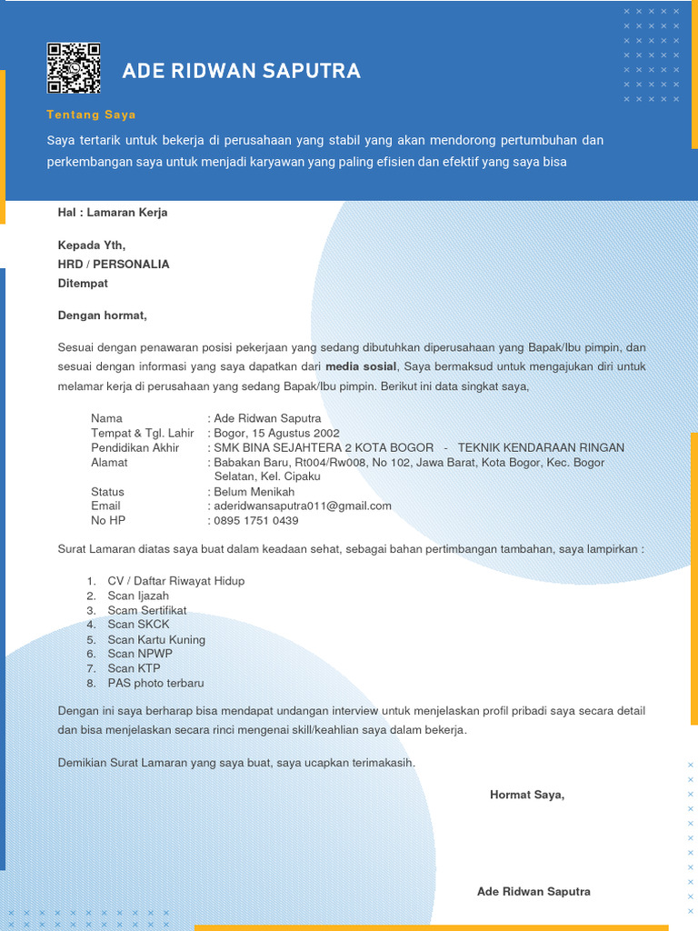 Surat Lamaran Kerja Ade Ridwan Saputra | PDF