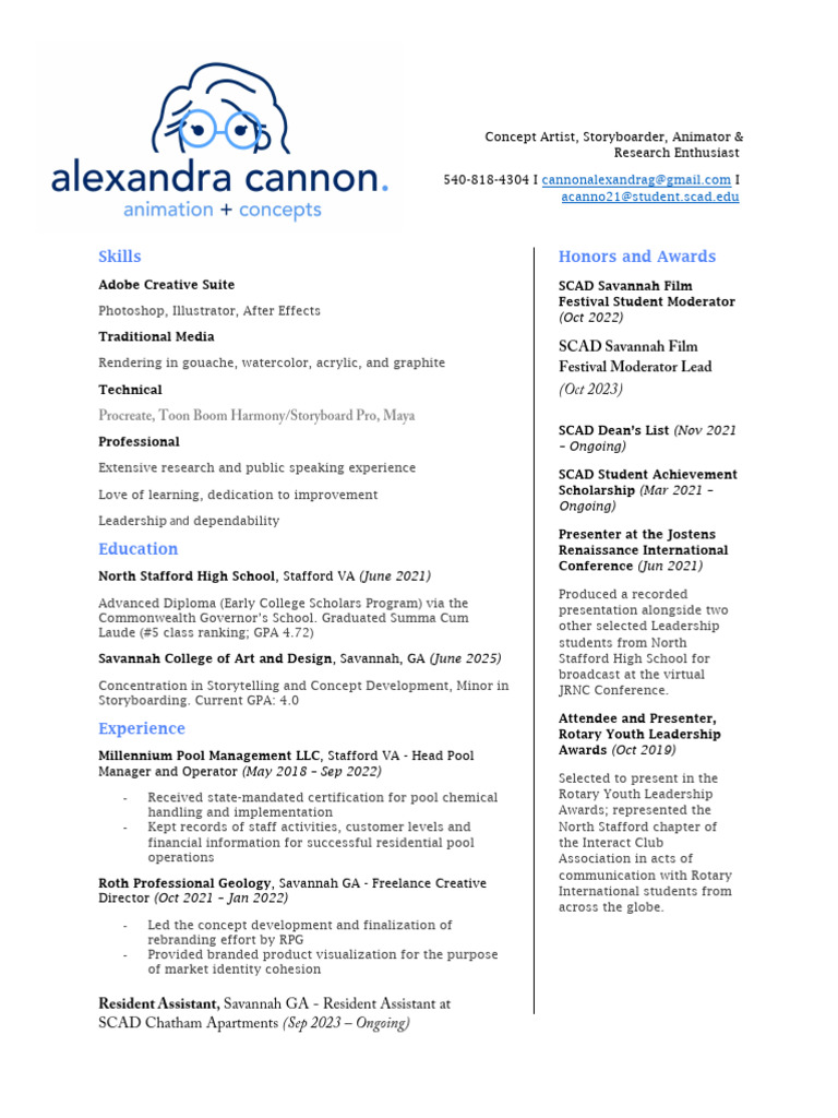 SCAD Concept Artist Resume Example | PDF
