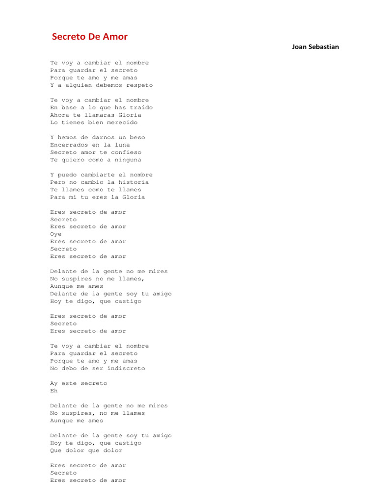 Secreto de Amor Letra de Joan Sebastian PDF