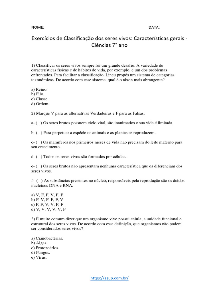 Exercícios de Classificação Dos Seres Vivos Características Gerais ...