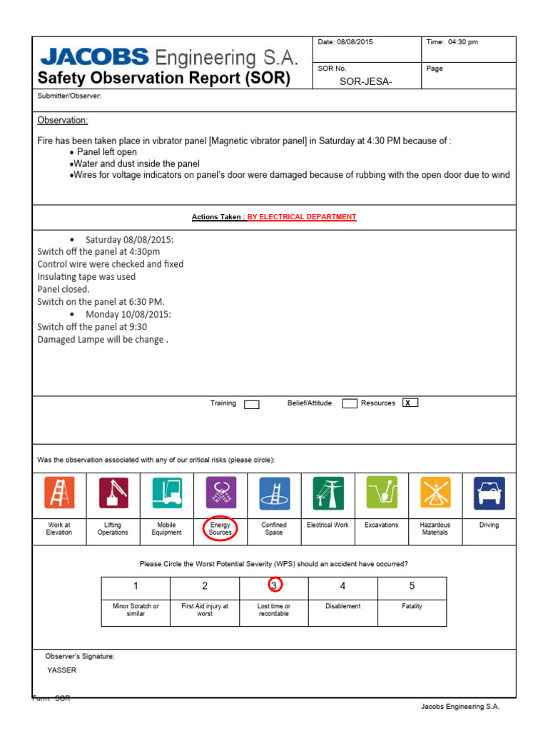 Safety Observation Report: Fire Incident | PDF | Safety | Electromagnetism
