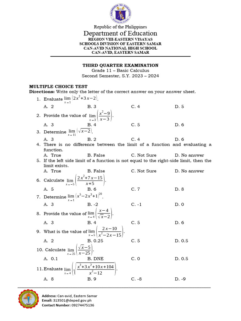 Grade 11 Basic Calculus Exam Q3 2023-2024 | PDF | Mathematical ...