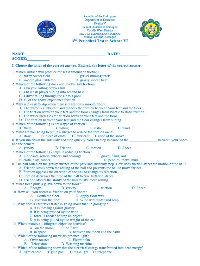 3rd Periodical Test in Science VI | PDF | Friction | Force