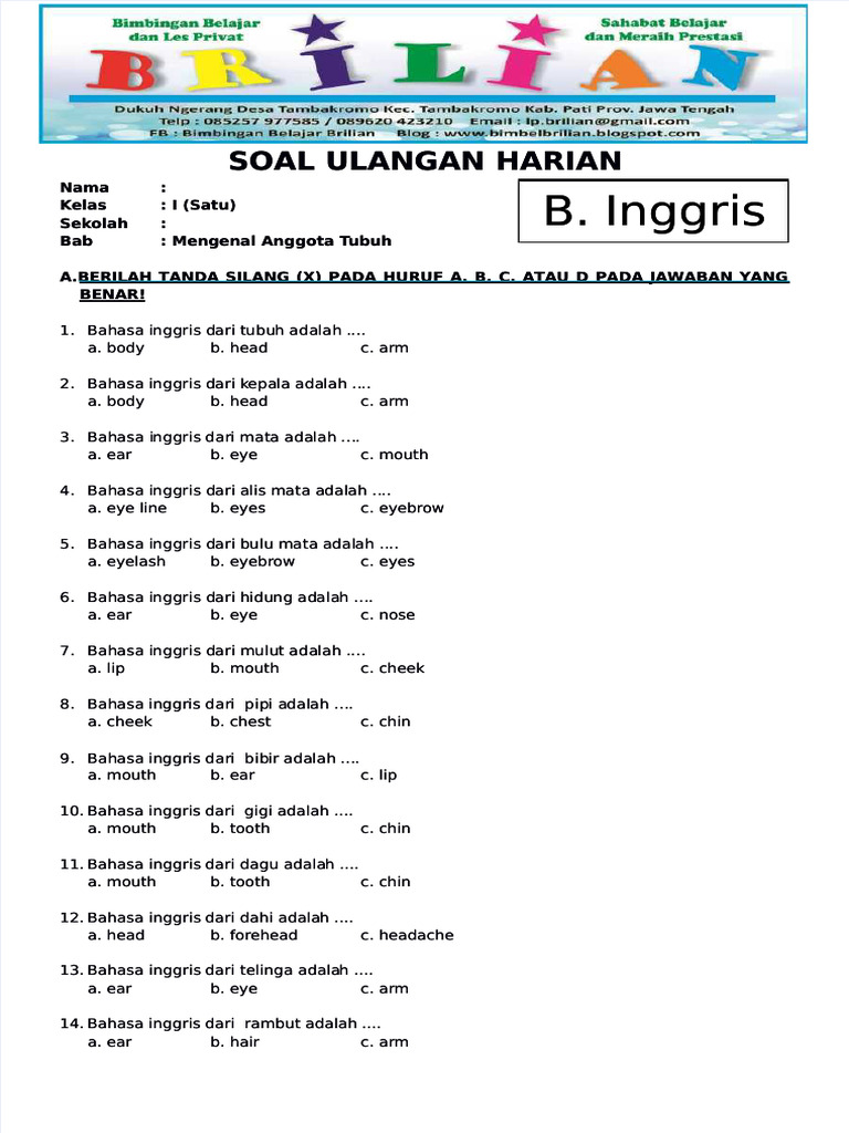 Soal anggota tubuh kelas 1 sd