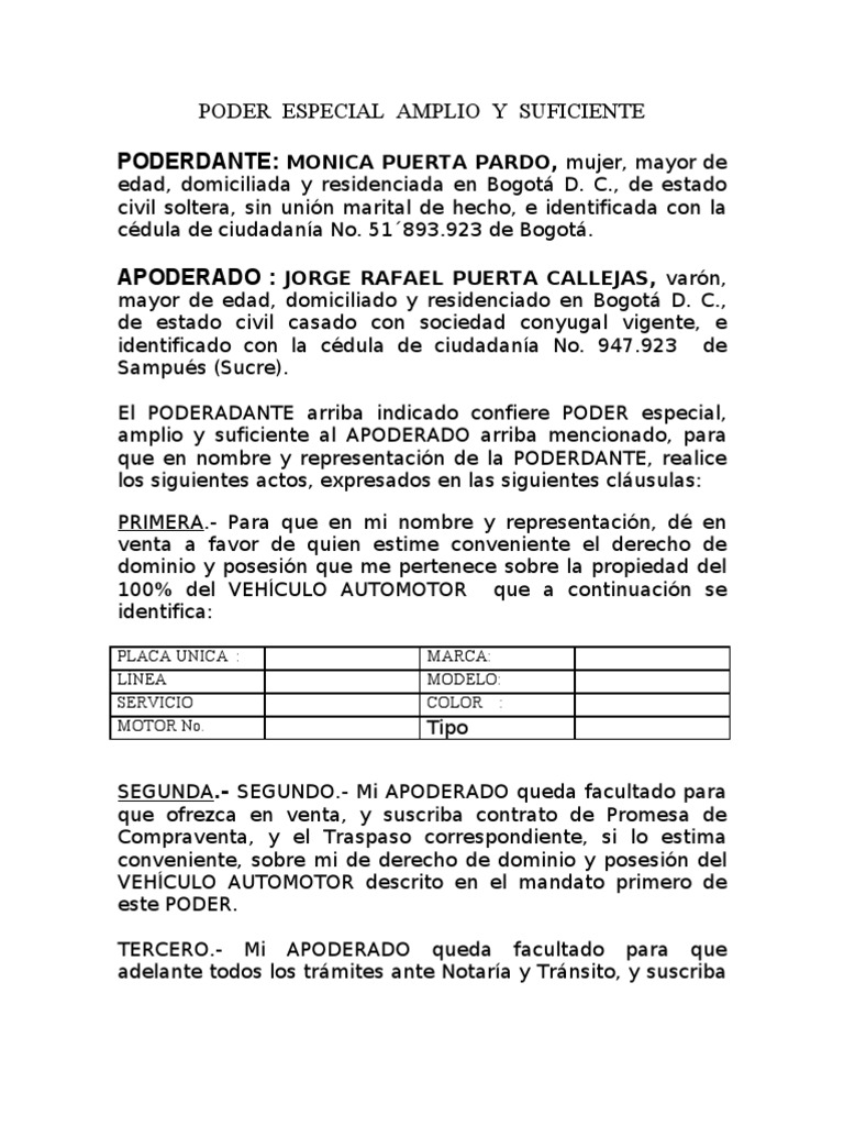 Poder Amplio y Suficiente Para Tramites Ante Transito