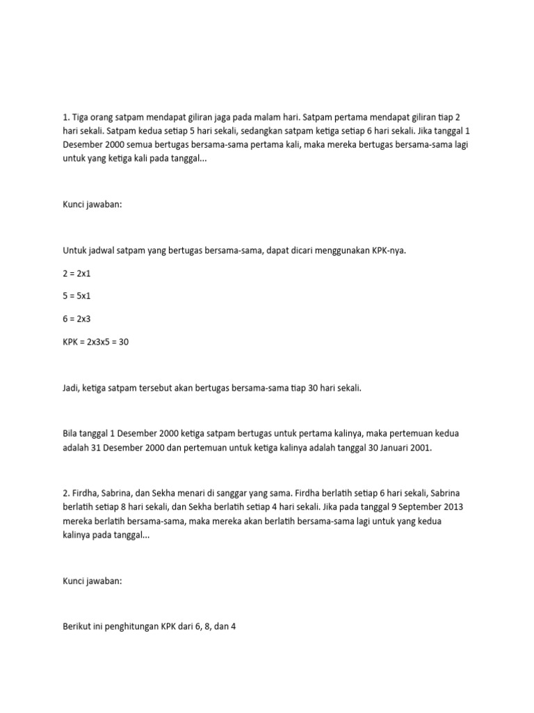 Soal KPK dan FPB Matematika Kelas 4 | PDF