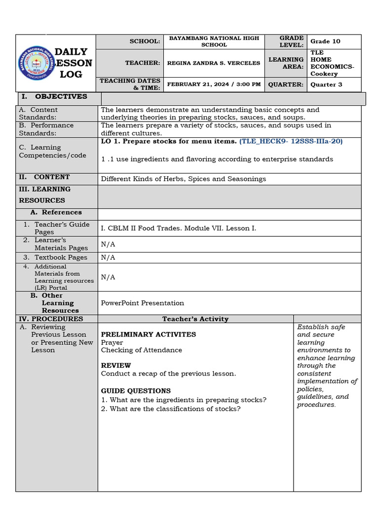COT LP Herbs Spices and Seasonings PDF Learning Seasoning